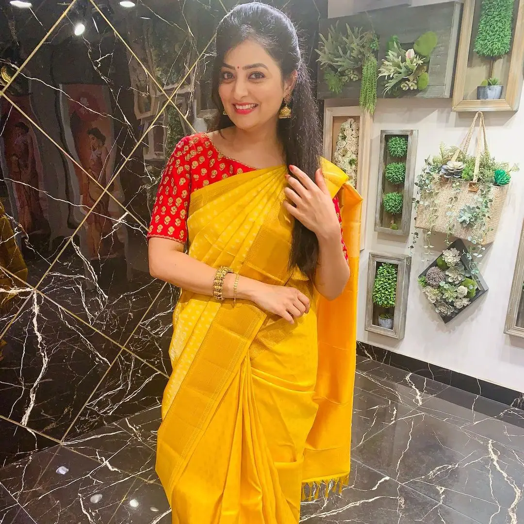 ETV Abhiruchi Madhuri Kandavalli In Yellow Saree Red Blouse